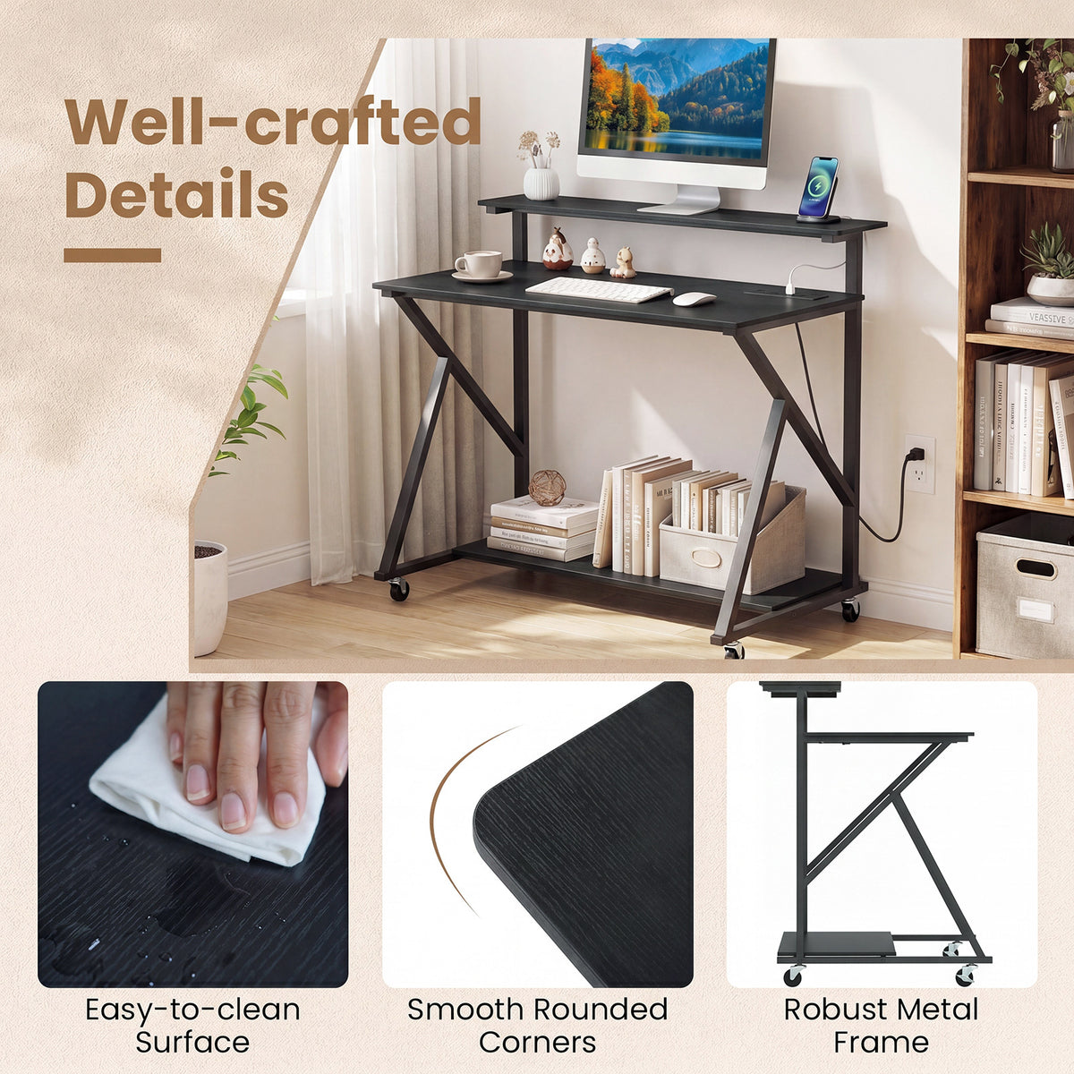 Mobile Computer Desk with Power Outlets Monitor Stand and Storage Shelf-Black