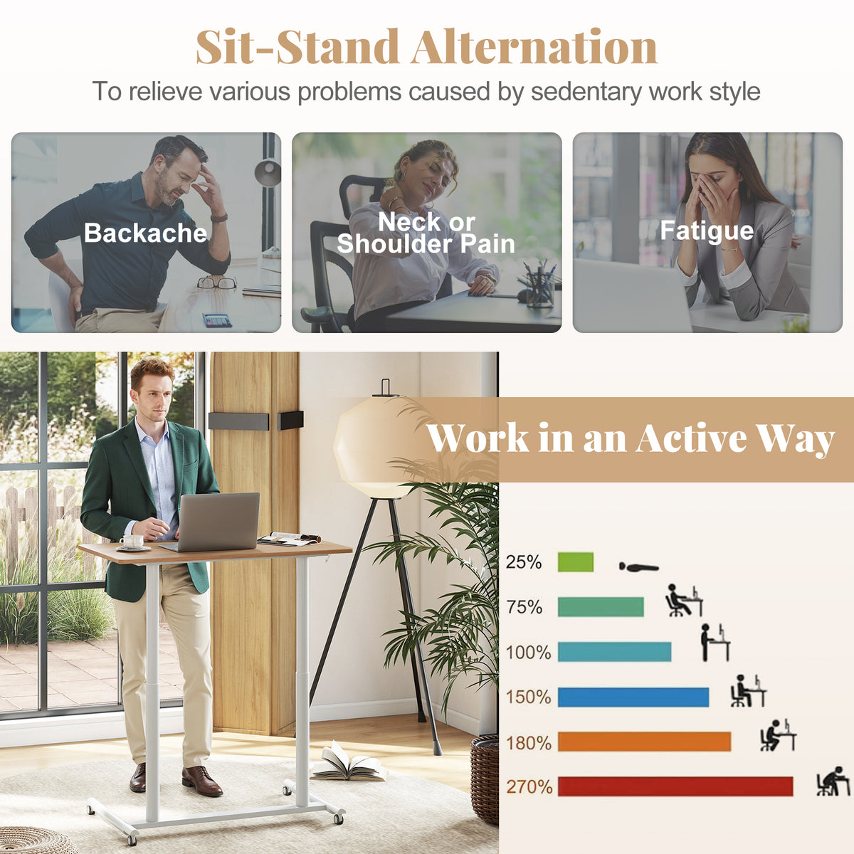 C-Shaped Mobile Standing Desk with Adjustable Height and Lockable Wheels-Natural