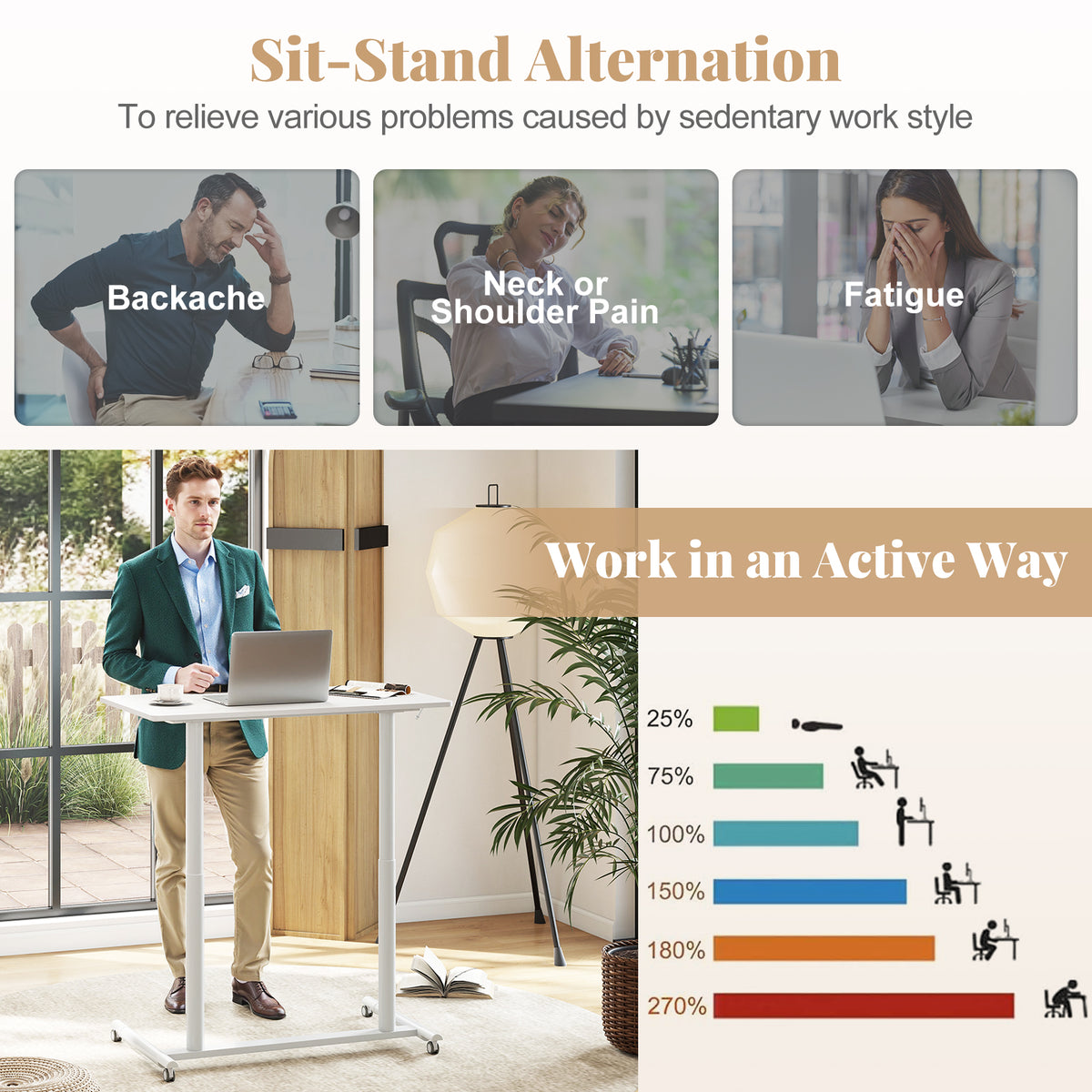 C-Shaped Mobile Standing Desk with Adjustable Height and Lockable Wheels-White