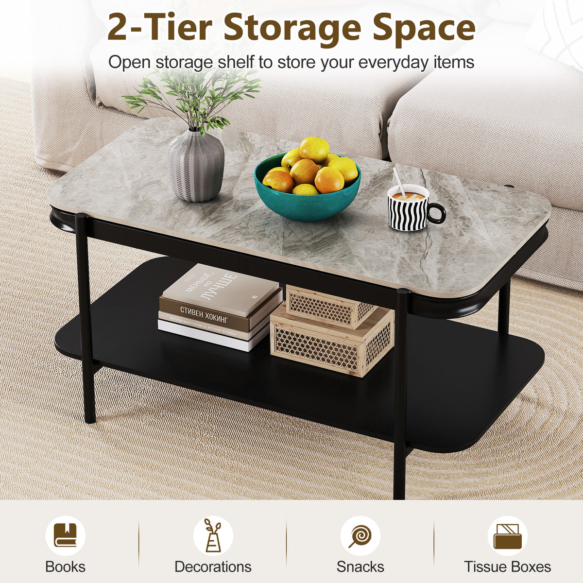 Modern Rectangular Coffee Table 2-Tier Center Table-Grey