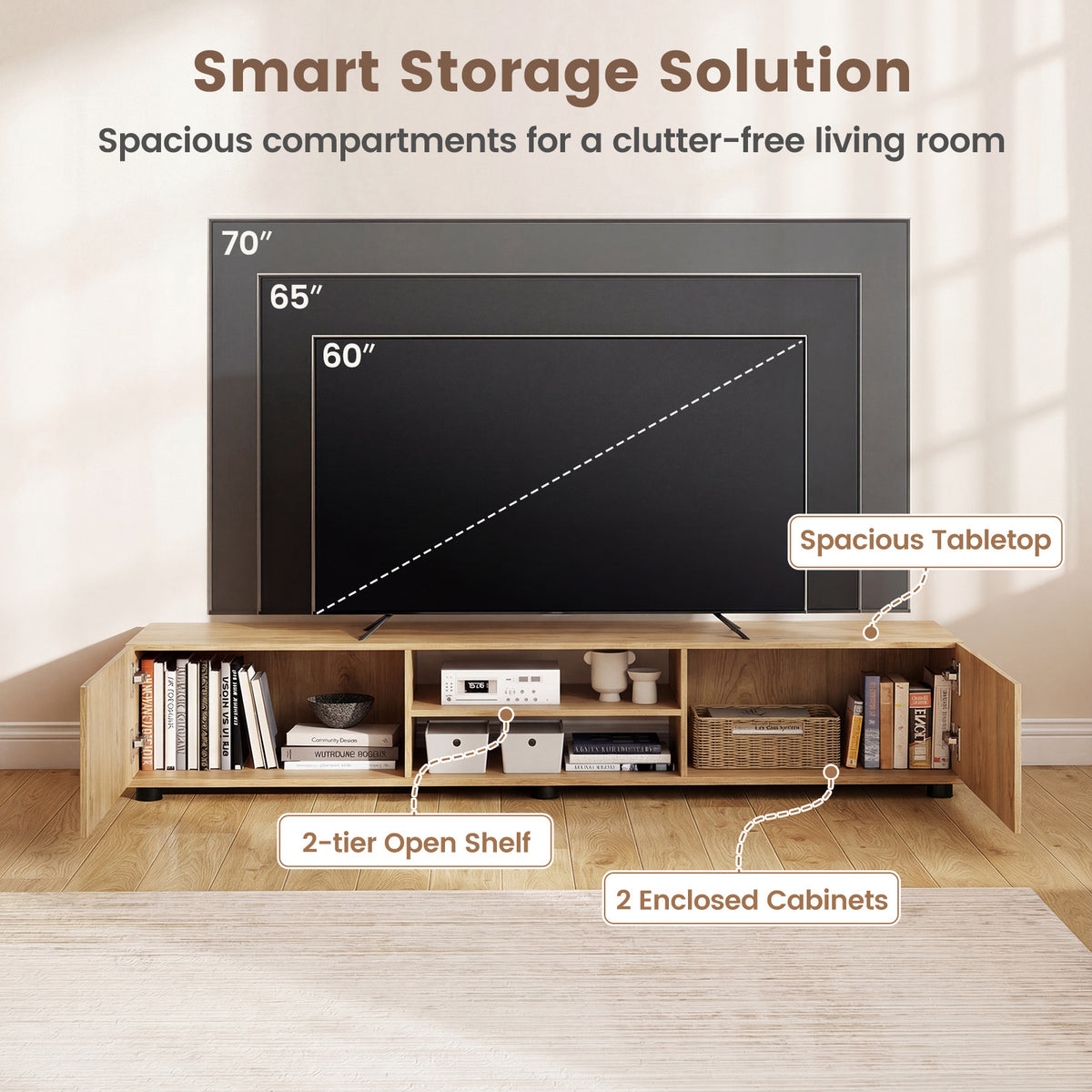Modern TV Stand for up to 70" TVs with 2 Doors and Open Shelves-Natrual