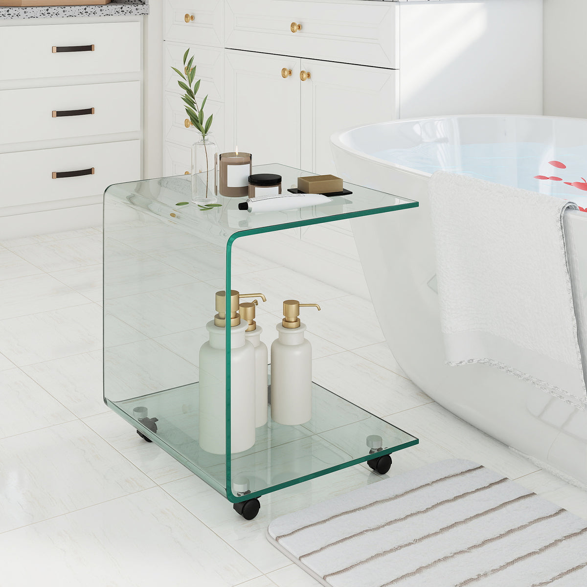 Modern Tempered Glass Side Table with 2-tier Shelf-Transparent