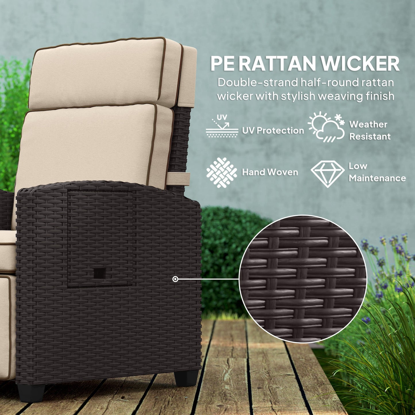 Outsunny 145° Reclining Rattan Armchair in Dark Brown and Khaki