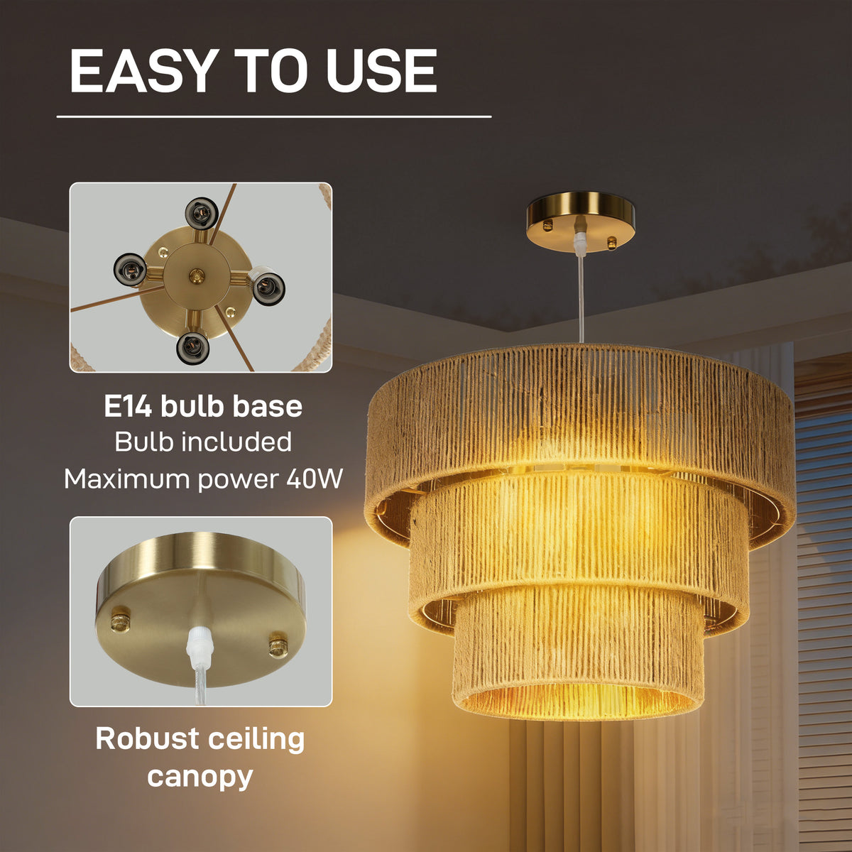 HOMCOM Hemp Rope Ceiling Light in Tan