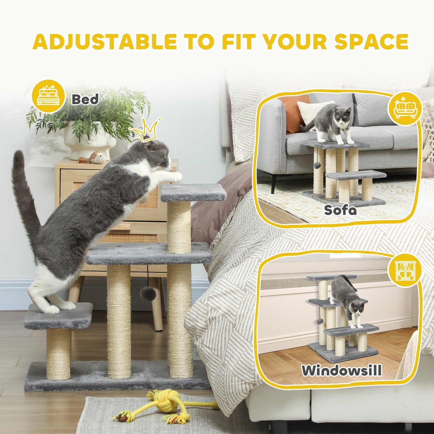PawHut Dog Steps for Bed, 3 Step Adjustable Pet Stairs for Sofa with 6 Sisal Scratching Posts for Small Dogs & Cats, Grey