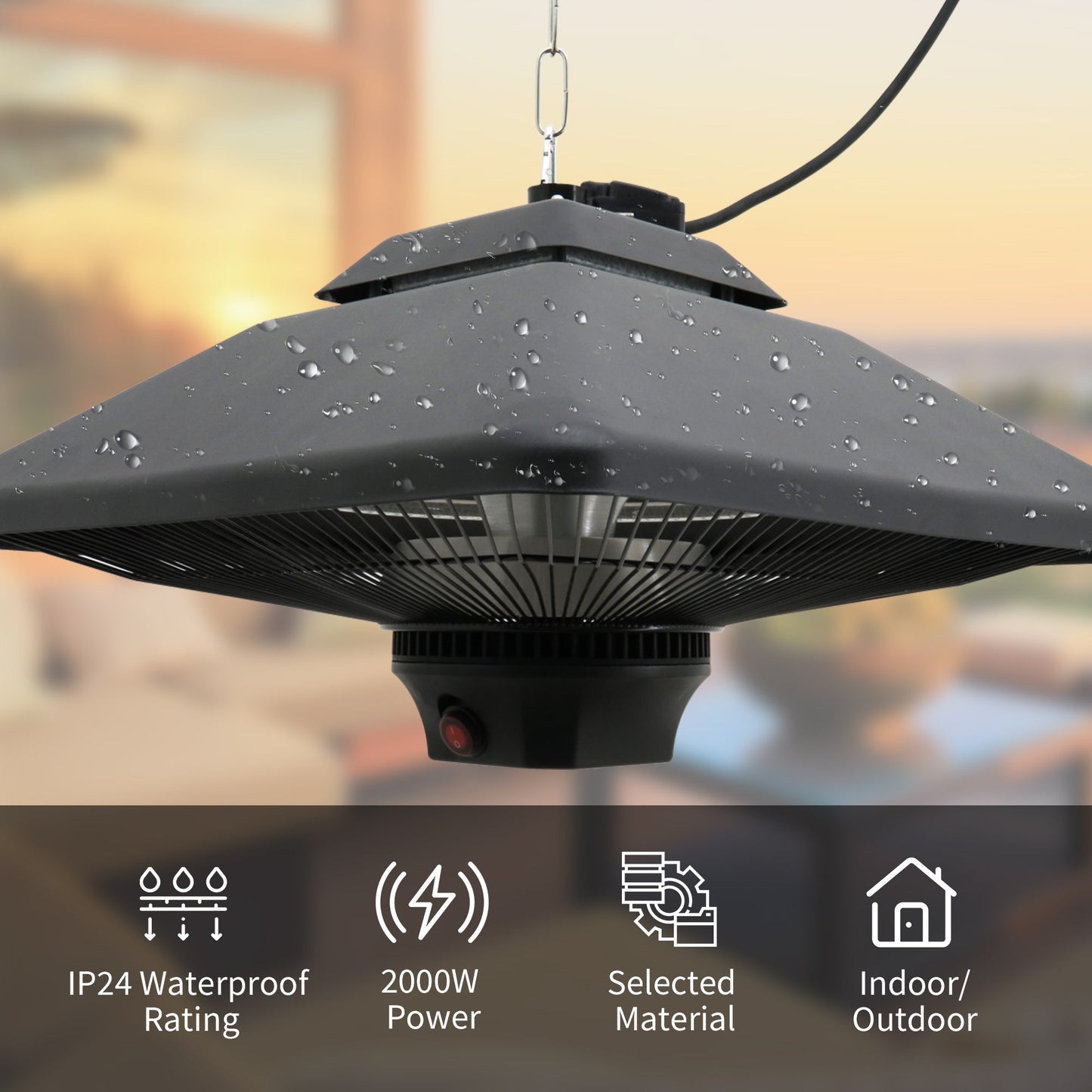 مدفأة فناء كهربائية معلقة من Outsunny بإعدادي طاقة، 1000/2000 واط، مدفأة خارجية بالأشعة تحت الحمراء هالوجين مثبتة في السقف من الألومنيوم مقاومة للماء مع ضوء LED وجهاز تحكم عن بعد، أسود