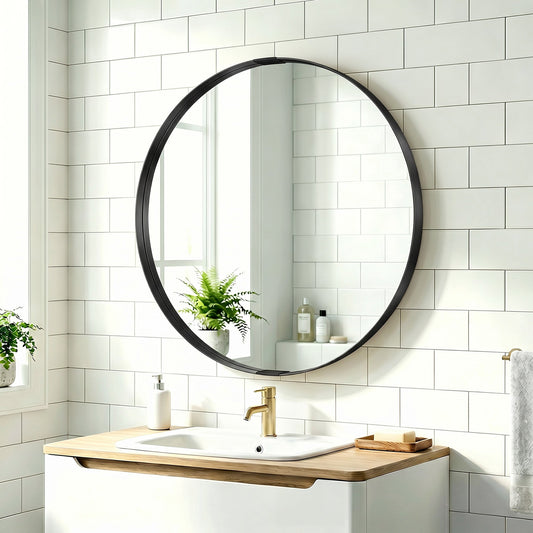 HOMCOM Round Wall Mirror 61 cm, Wall Mounted Bathroom Mirror with Tempered Safety Glass and Aluminium Alloy Frame, Black