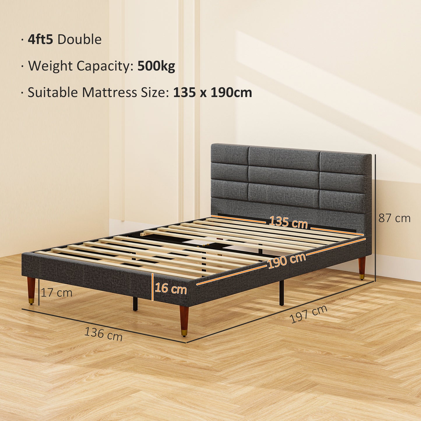 HOMCOM Upholstered Double Bed Frame, with Slats - Grey