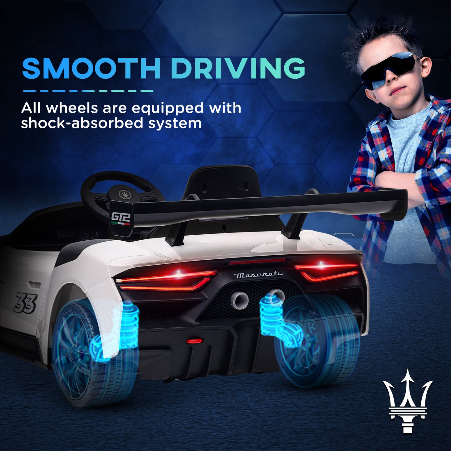 AIYAPLAY Maserati GT2 Licensed 12V Kids Electric Ride on Car with 4 Suspension Wheels, Remote Control, Music, Horn, Lights, White