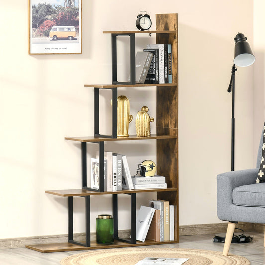 HOMCOM 5-Tier Bookcase, Wooden Ladder Bookshelf Display Stand, Rustic Brown