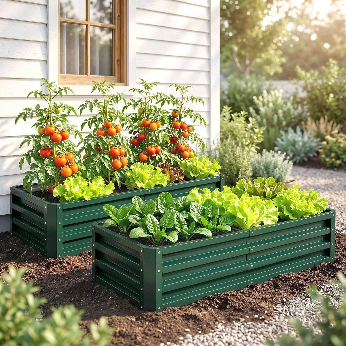 Outsunny Set of 2 Raised Beds for Garden, Galvanised Outdoor Planters for Herbs Vegetables, Use for Patio Balcony, Green