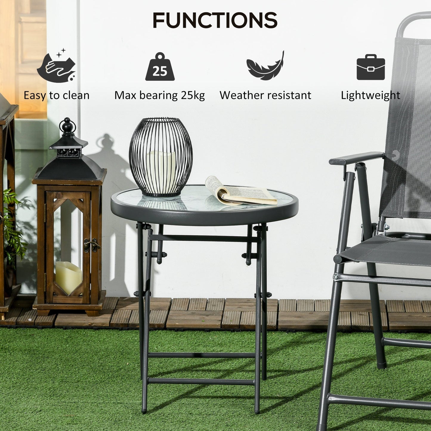 Outsunny a45cm Garden Side Table, Outdoor Round Folding Patio Table with Imitation Marble Glass Top, Small Coffee Table, White
