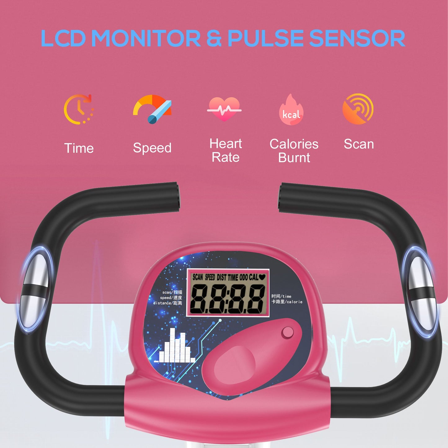 HOMCOM Folding Exercise Bike, Fitness Bicycle Indoor Trainer, 8-Level Magnetic Resistance Adjustable, with LCD Monitor, Pulse Sensor, Pink