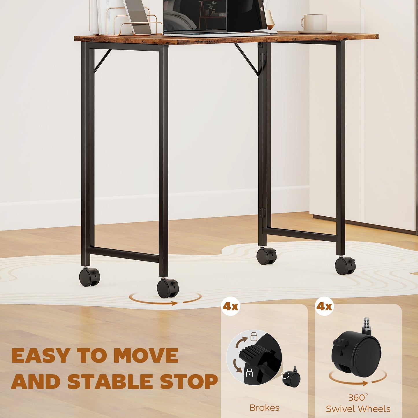 HOMCOM Folding Small Desk on Wheels - Rustic Brown