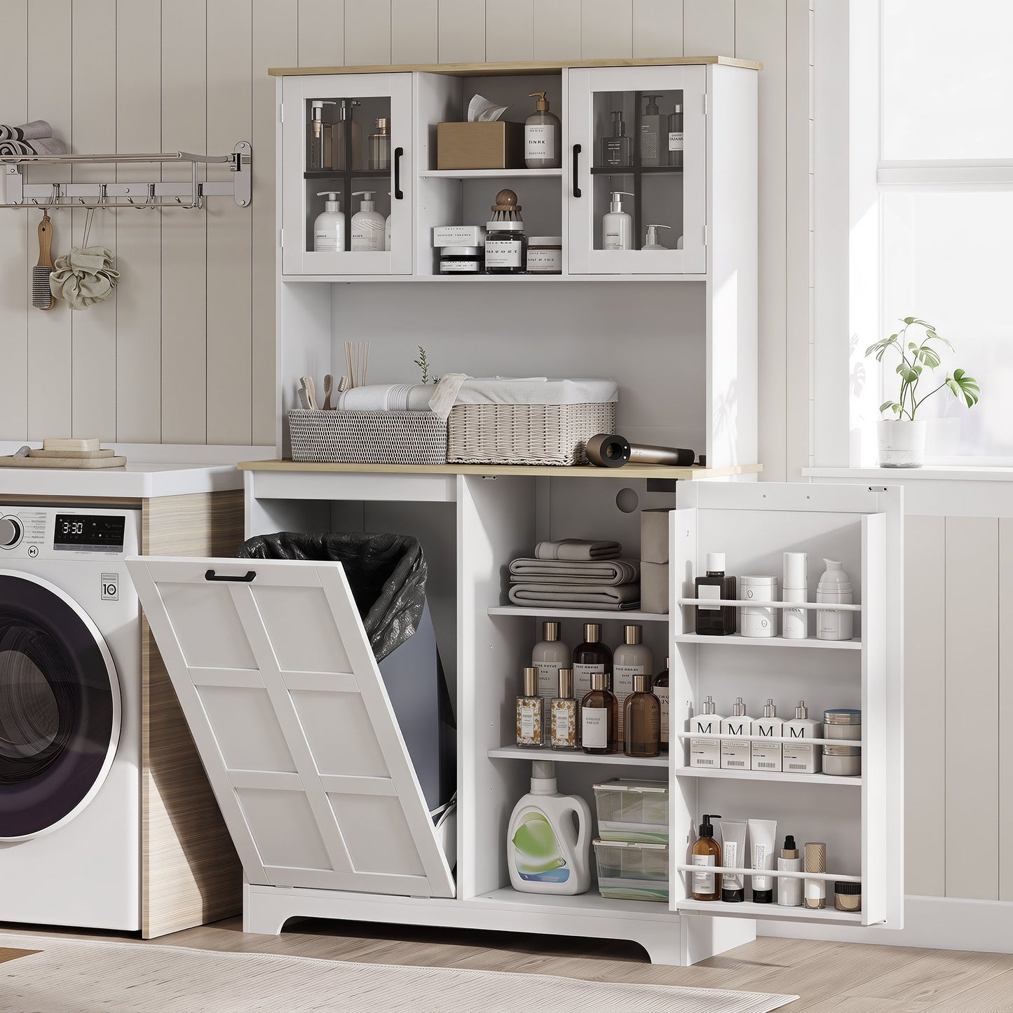 HOMCOM 175cm Tall Kitchen Cabinet, Kitchen Cupboard with Rubbish Bin Cabinet, 3 Door Shelves and 2 Acrylic Doors, White