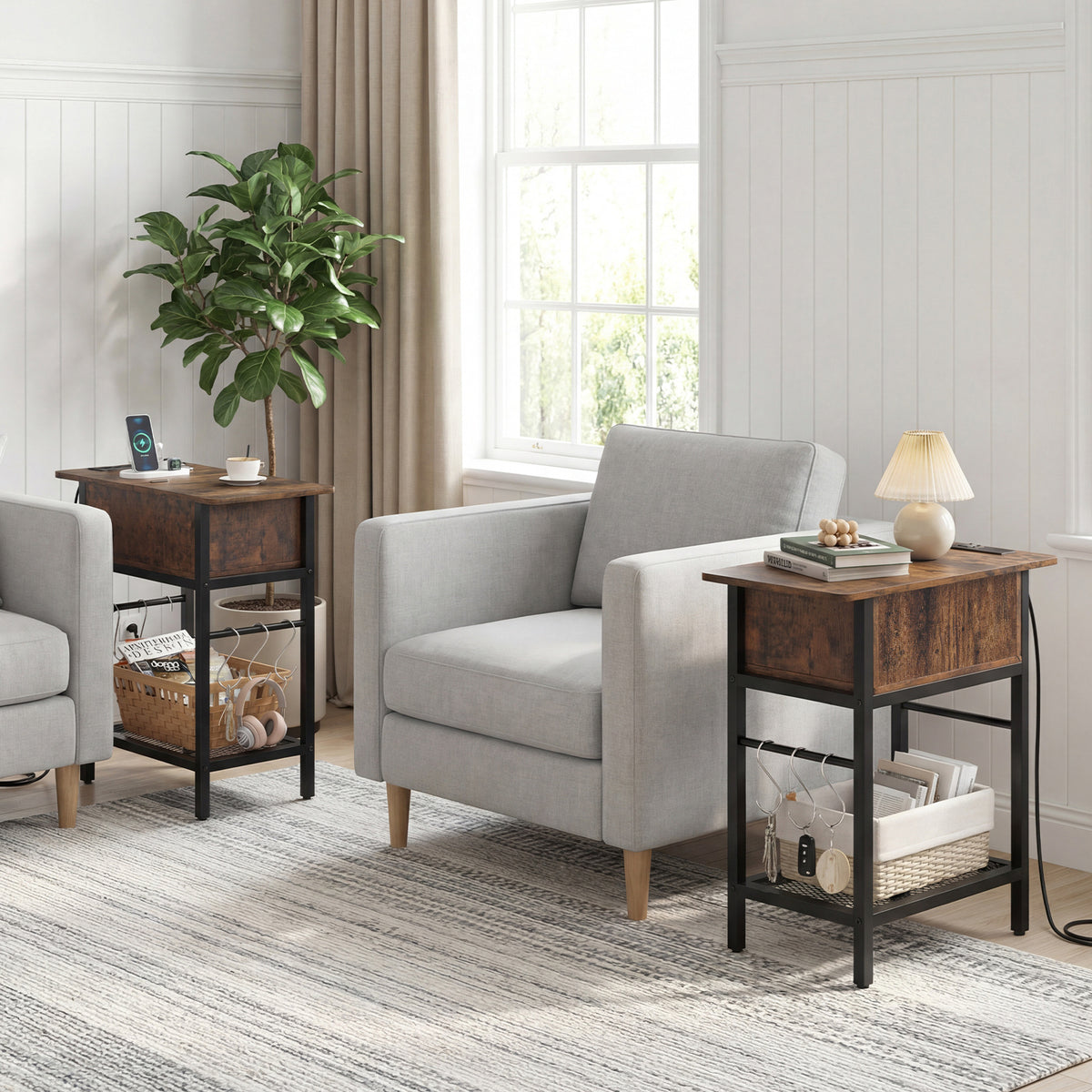 Narrow End Table Skinny Sofa Side Table for Small Space-Rustic Brown