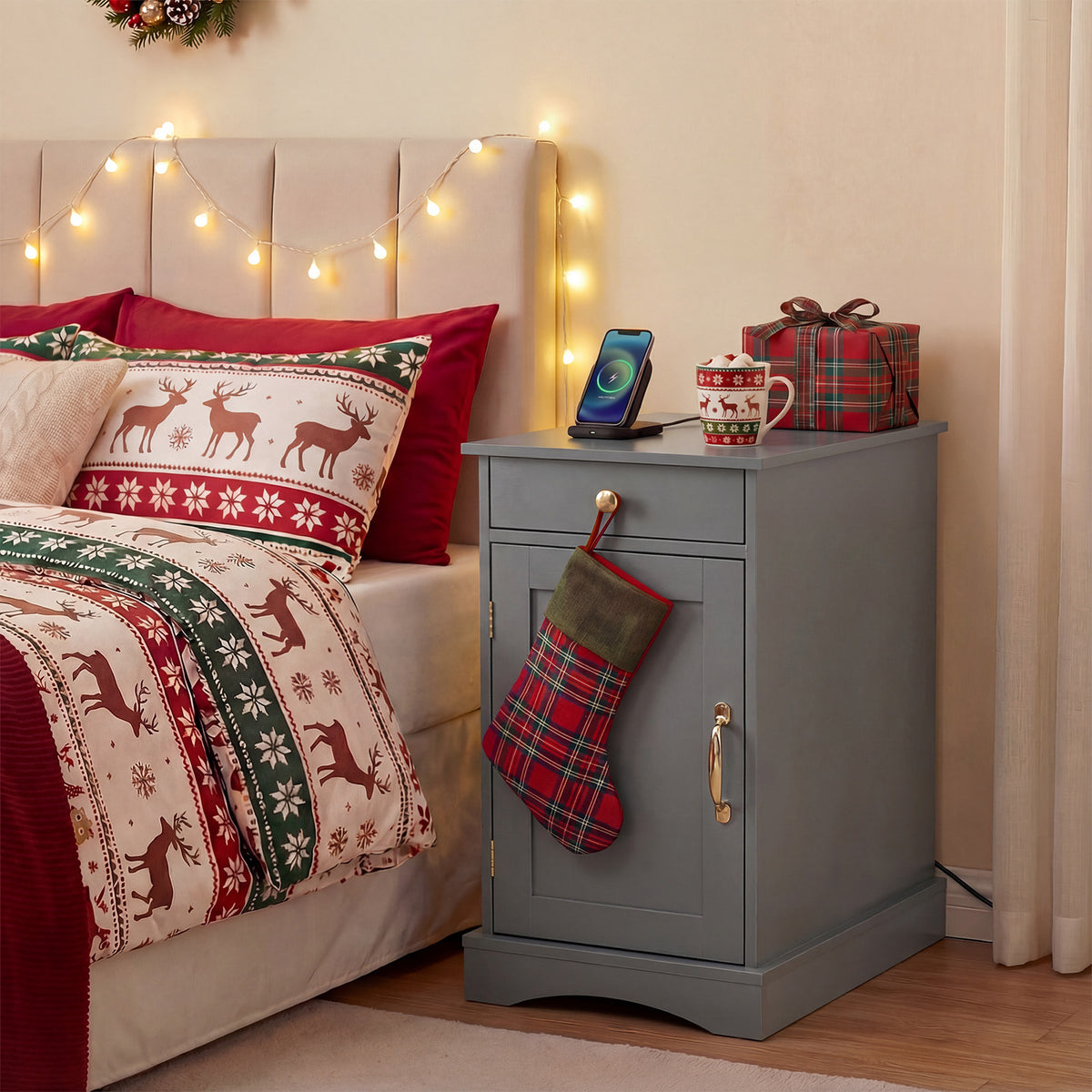 Narrow Nightstand Set of 2 with Charging Station and Drawer for Living Room Bedroom-Grey