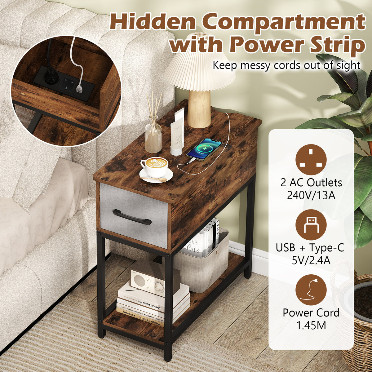 Narrow Side Table with Charging Station and LED Lights for Small Spaces-Rustic Brown