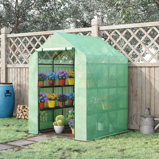 بيت زجاجي Outsunny Walk in Greenhouse مع أرفف، بيت زجاجي مستدق للحديقة، بيت زراعة، غطاء قابل للإزالة 143x138x190 سم، أخضر