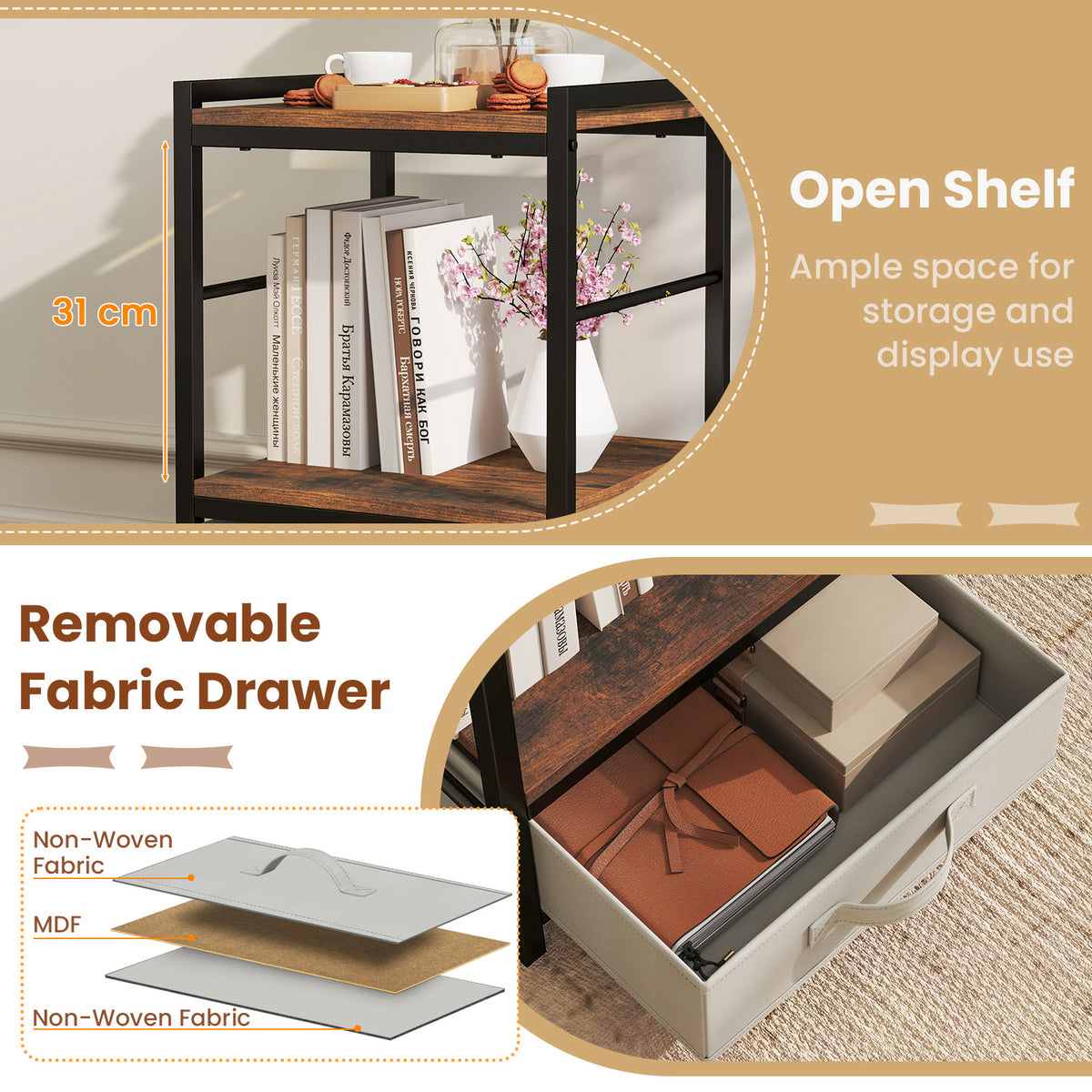 Nightstand Bedside Table with Fabric Drawer Open Wood Shelf-2 Pack