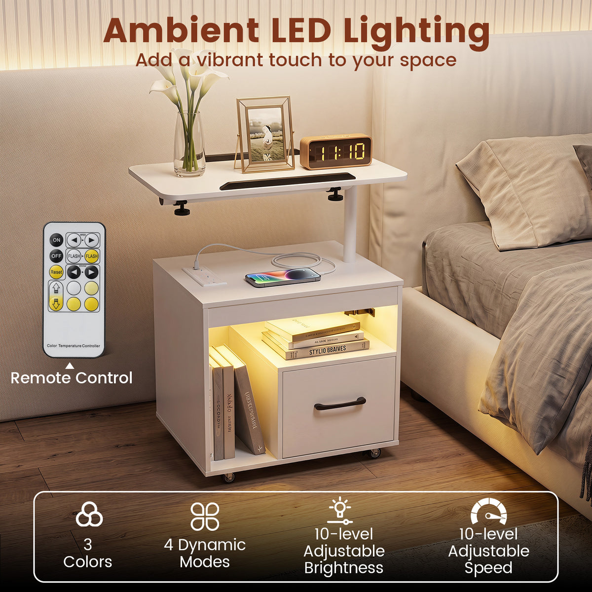 Nightstand with Charging Station and Rotatable Tabletop on Wheels for Bedroom-White