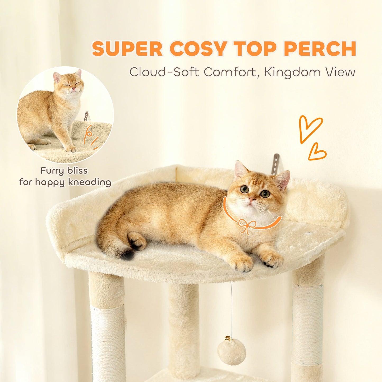 PawHut 170 cm Large Cat Tree, Cat Tower with 7 Scratching Posts, Tunnel, 2 Condos, Hammock, Perch, Ramp, Pompoms, Beige