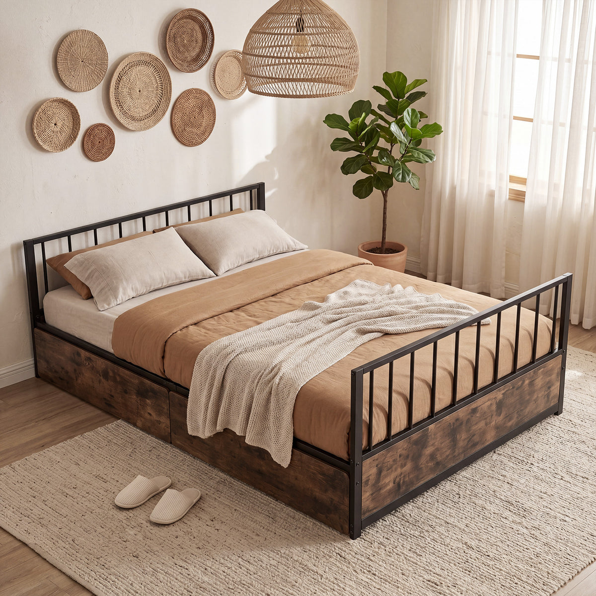 No Box Spring Needed Double Size Metal Bed Frame with 2 Drawers and Headboard-Double