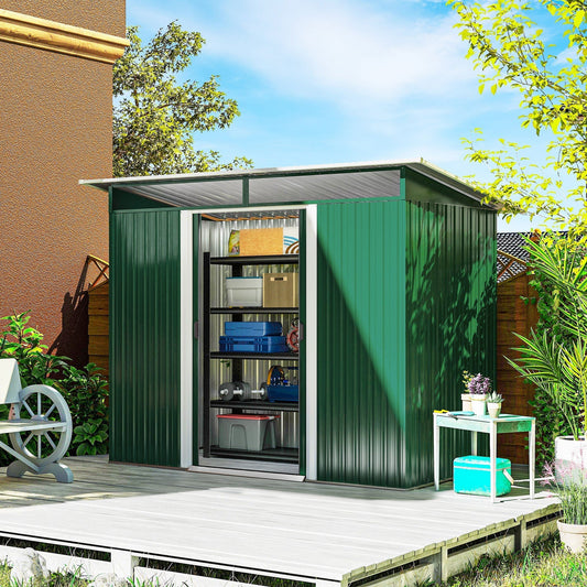 حظيرة خارجية معدنية Outsunny مقاس 8.5 × 4 قدم مع ألواح Sky Light، منزل تخزين أدوات للحديقة ببابين للحديقة والفناء والمسطح الأخضر، أخضر