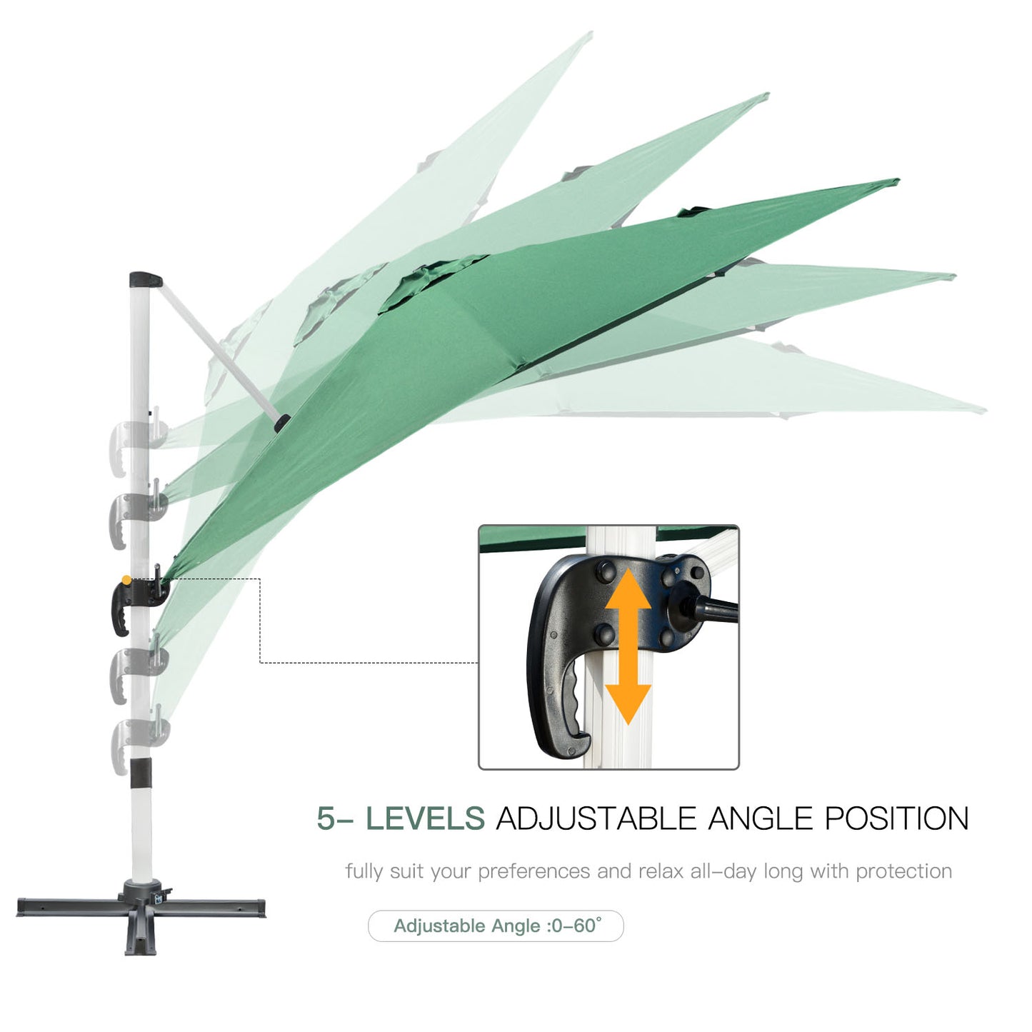 Outsunny 3 x 3(m) Cantilever Roma Parasol, Square Garden Umbrella with Cross Base, Crank Handle, Tilt, 360° Rotation and Aluminium Frame, Green