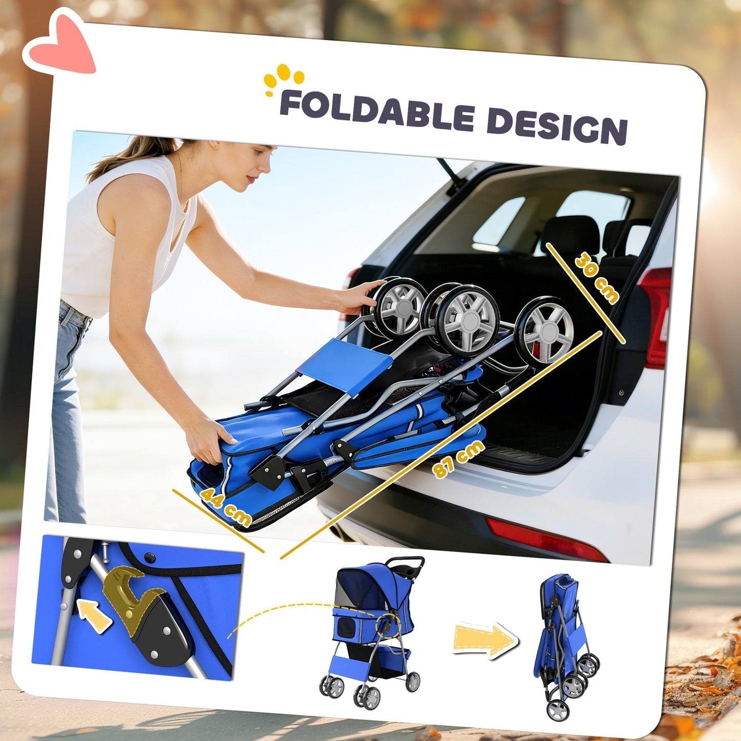 PawHut Dog Pram, Pet Stroller with Reflective Strips, Foldable Cat Stroller with 360 degrees Swivel Wheels, Blue
