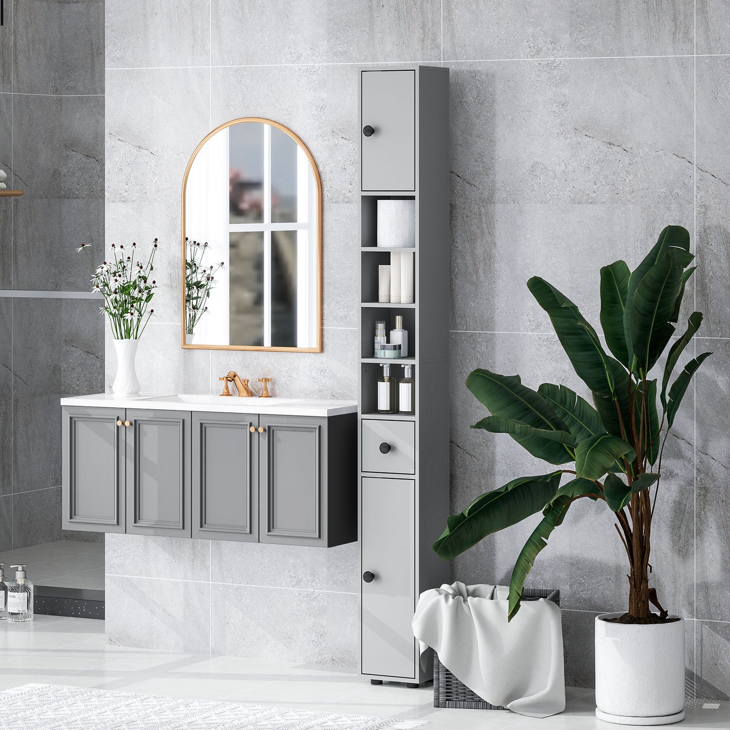 kleankin 180cm Slim Bathroom Cabinet, with Drawer, Shelves and Cupboards - Grey