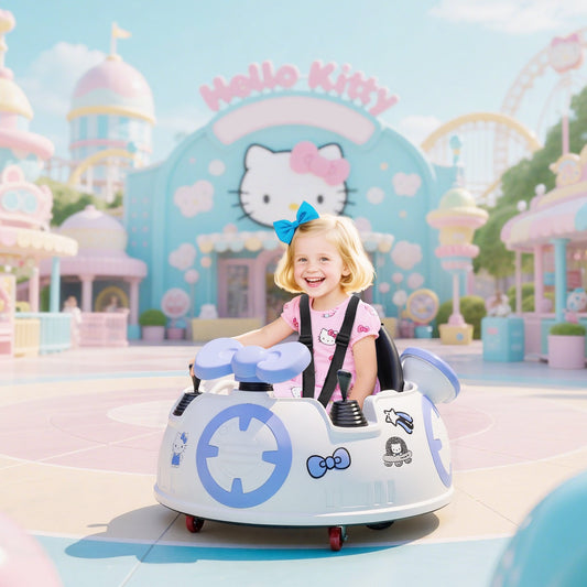 سيارة ألعاب كهربائية للأطفال على شكل Hello Kitty من AIYAPLAY مع ريموت كنترول، وعصاتي تحكم، وموسيقى، وأضواء، وحزام أمان، أبيض