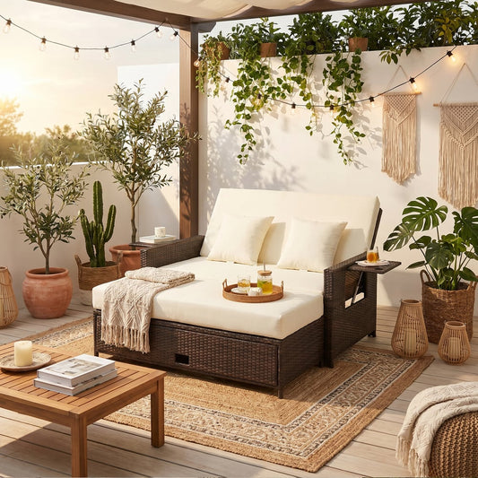 Outsunny Rattan Sun Lounger 2 Seater Day Bed in Brown