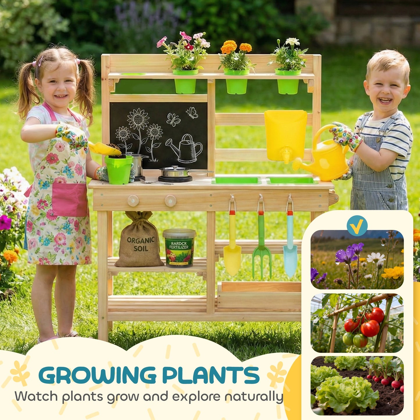 AIYAPLAY Kids Mud Kitchen, Outdoor Wooden Play Kitchen with Kitchenware & Garden Tools, Pretend Play Outdoor Toys, Natural