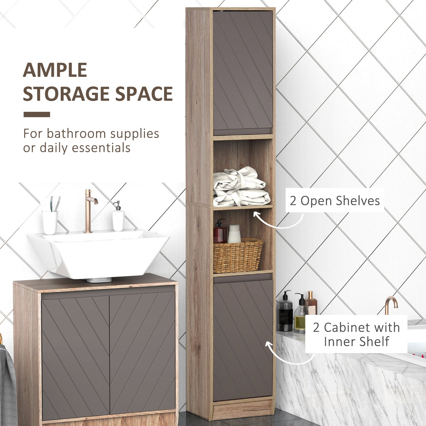 HOMCOM Narrow Bathroom Cabinet, Slim Bathroom Storage Unit with Open Compartment, Freestanding Storage Cupboard with Adjustable Shelves for Small Spaces, 30 x 24 x 170 cm, Grey and Oak