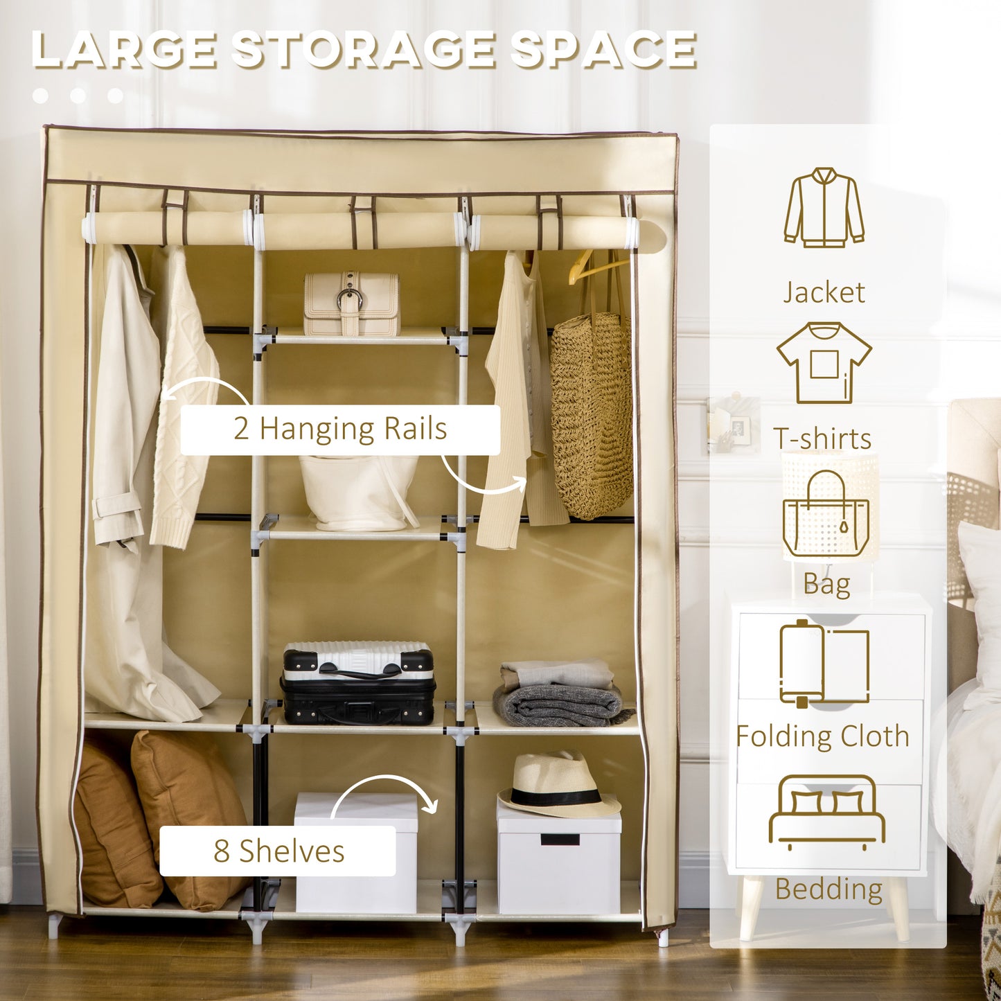 HOMCOM Fabric Wardrobe, with Rails and Shelves - Beige