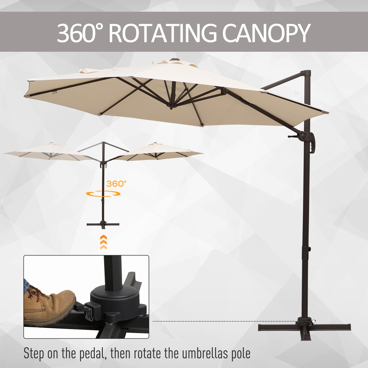 مظلة معلقة من Outsunny 3M Banana Parasol بقاعدة متقاطعة وإطار من الألومنيوم بمقبض يدوي يدور 360 درجة - بيج