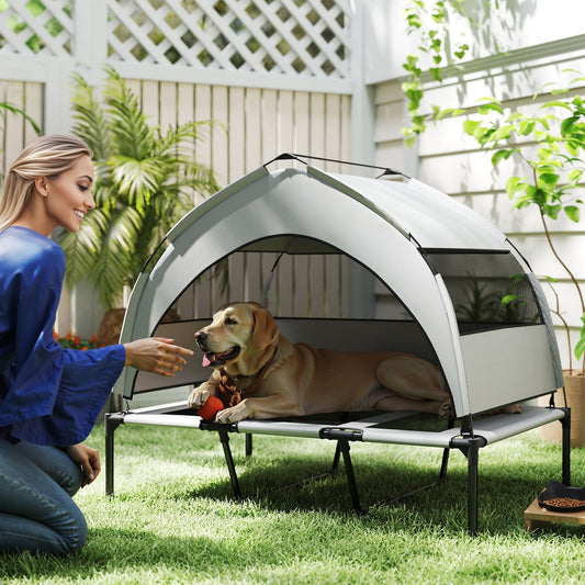PawHut Portable Elevated Dog Bed with Removable Canopy, Cooling Raised Pet Cot for Large Dogs, 106 x 76 x 94 cm