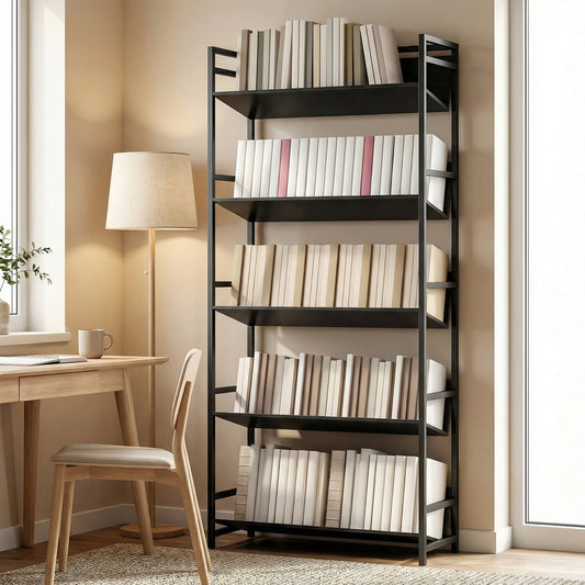 HOMCOM Bookshelf 5-Tier Metal Frame Room Divider Bookcase Storage Shelves for Living Room Black