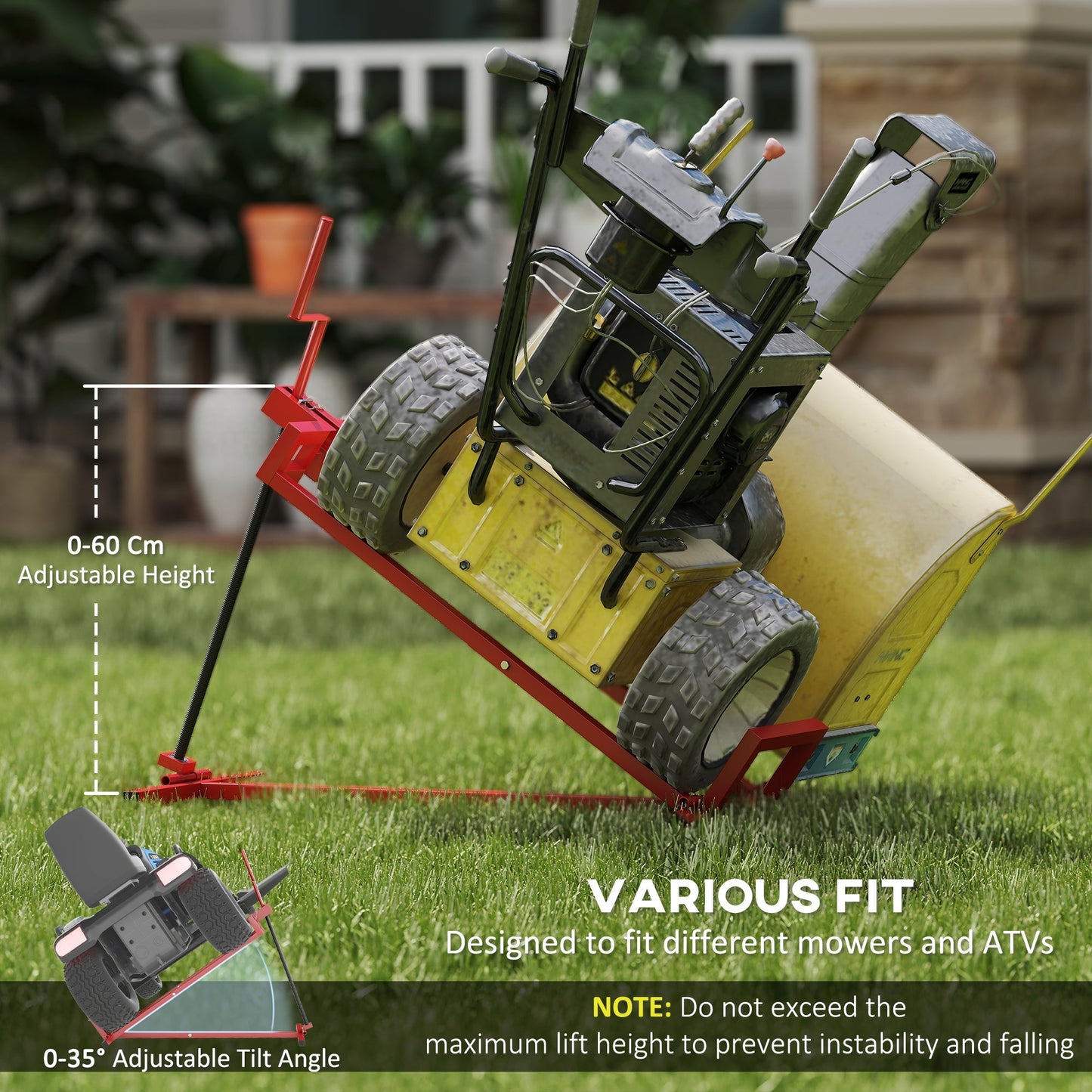 HOMCOM 400 kg Foldable Ride-On Mower Jack Lift, Adjustable Steel Lifting Device, for Lawn Mower, ATV, Red