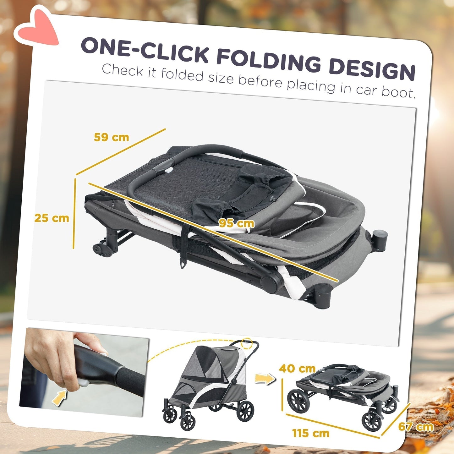 PawHut Foldable Pet Stroller for Large Dogs with 4 Big Wheels, Shock-Absorbing Frame, Safety Leashes, Brakes, Dark Grey