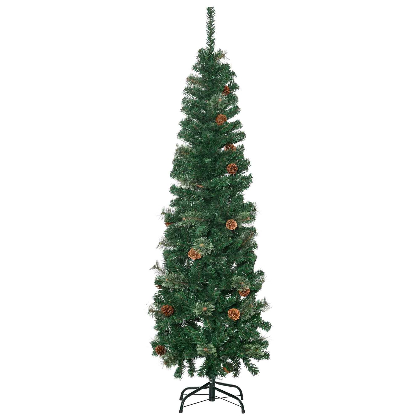 HOMCOM 5.5FT Tall Pencil Slim Artificial Christmas Tree with Realistic Branches, Tip Count and Pine Cones, Pine Needles Tree, Xmas Decoration, Green