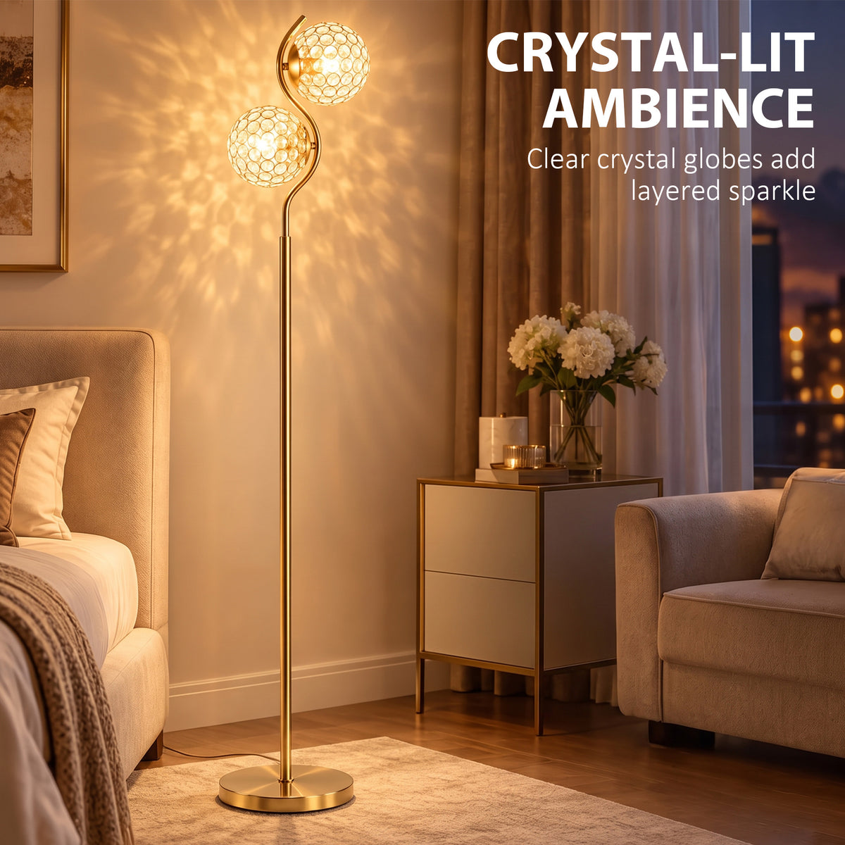 HOMCOM Floor Lamp with Crystal Globe Shades, Modern Dual Head Standing Lamp with Foot Switch and Weighted Base, Copper