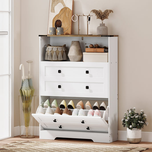 HOMCOM Shoe Cabinet with 2 Flip Drawers, Narrow Shoe Storage Cabinet, White