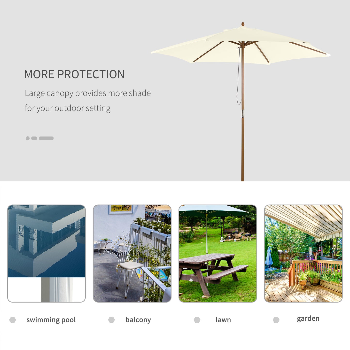 Outsunny 2.5m Patio Umbrella, Wood Garden Parasol, Sun Shade with 6 Ribs and Top Vent for Outdoor, White