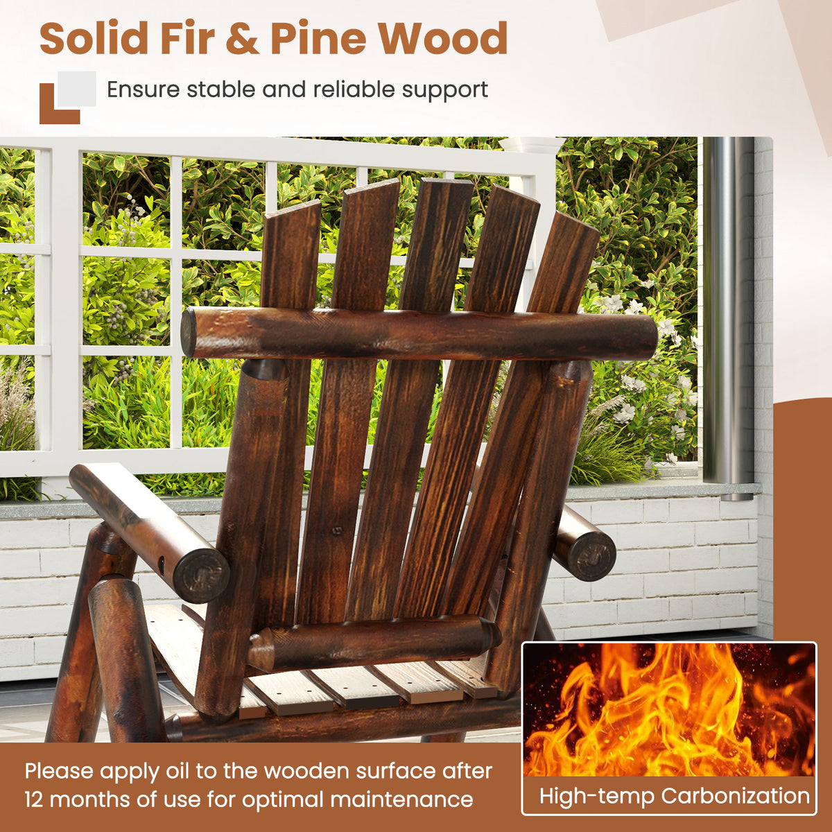 Outdoor Adirondack Rocking Chair Solid Wood with High Back-2 Pack