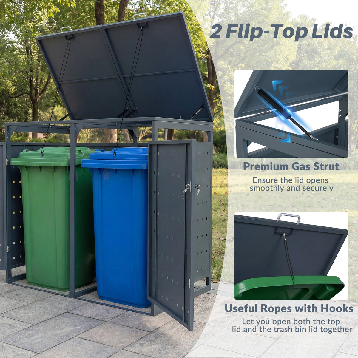 Outdoor Metal Garbage Bin Storage Shed for 2 Trash Cans Double Trash Can Enclosure-Grey