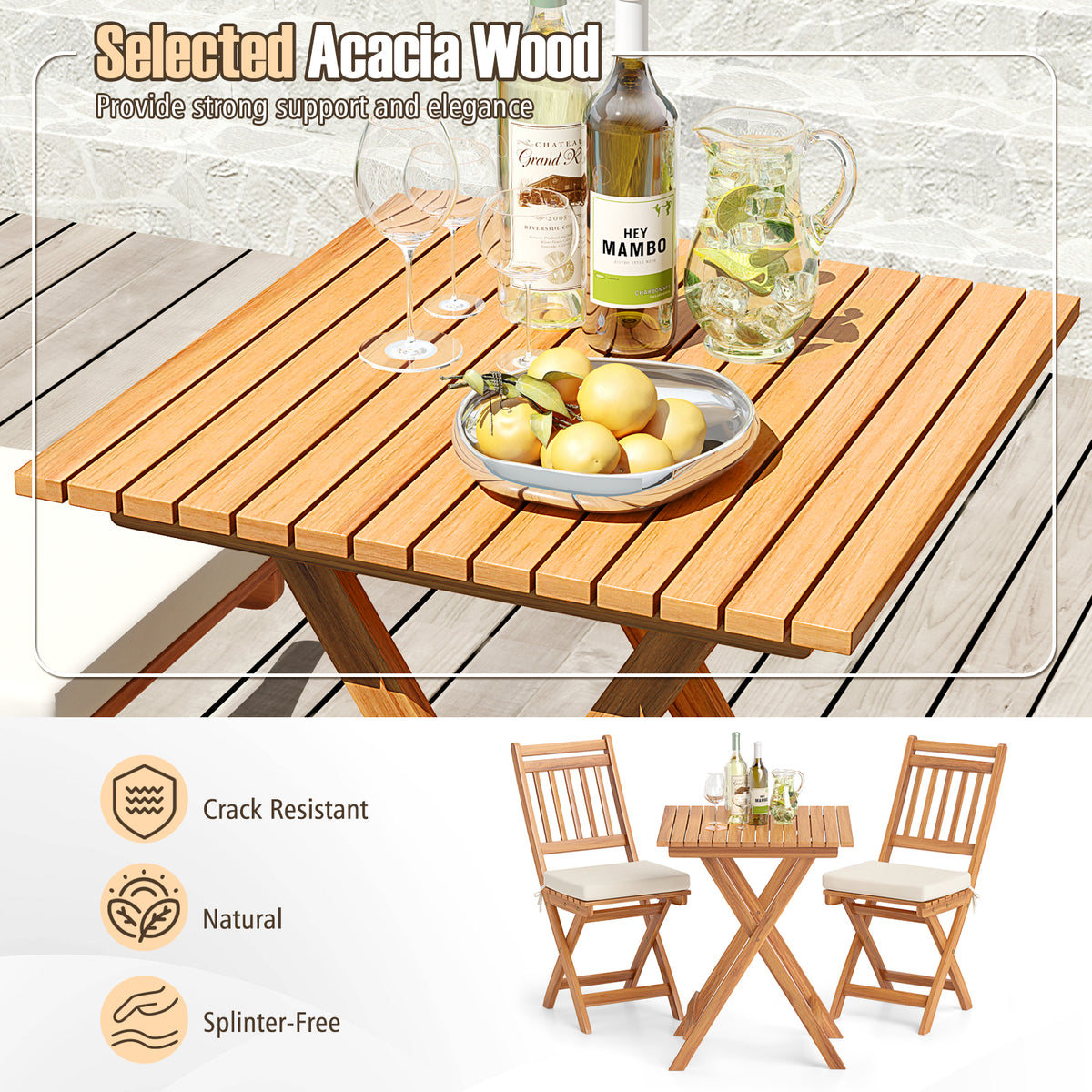 3 Pieces Outdoor Acacia Wood Bistro Set with Seat Cushions and High Back Armless Chairs-Vertical-Slatted Back