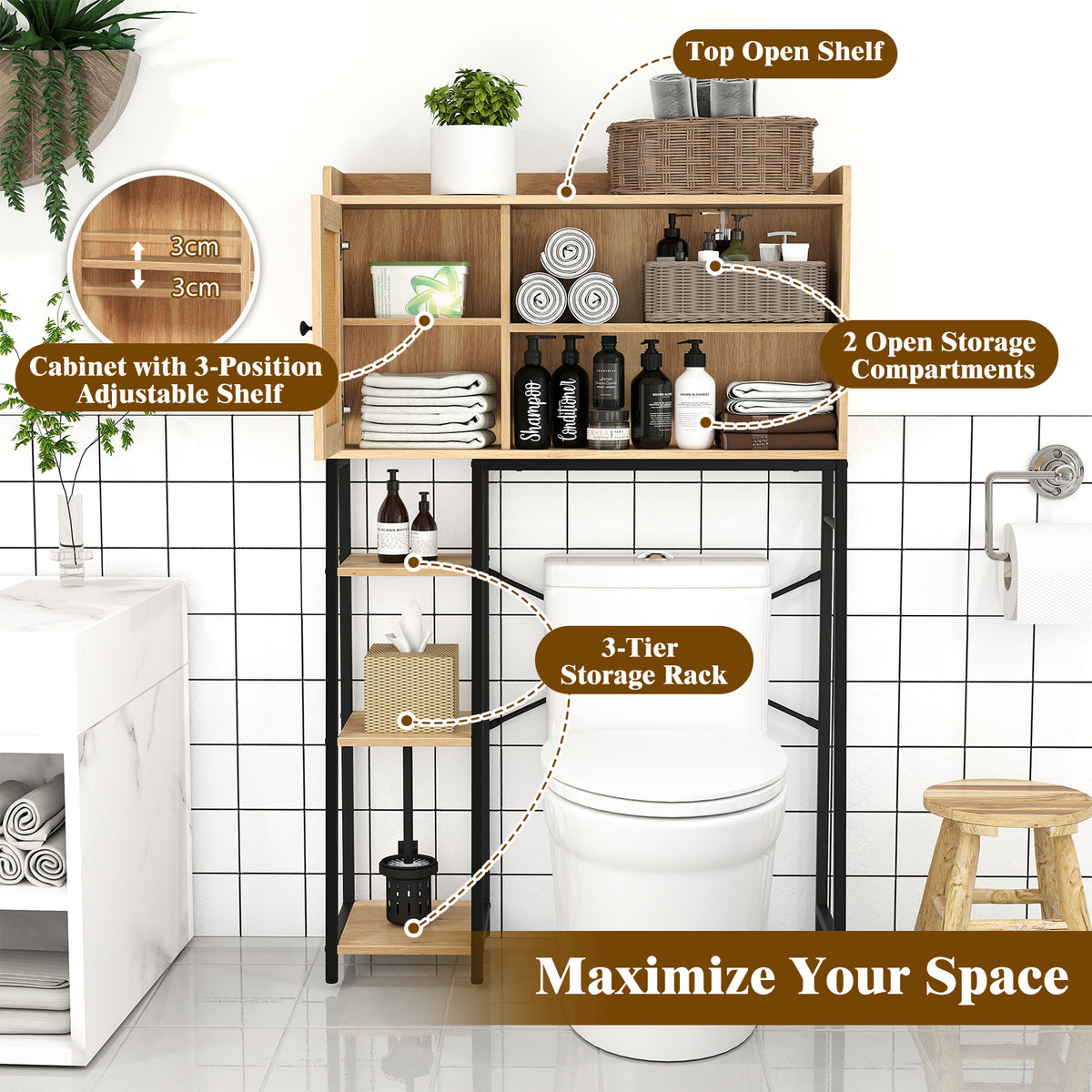 Over The Toilet Storage Cabinet with Sturdy Metal Frame and Adjustable Shelf-Natural