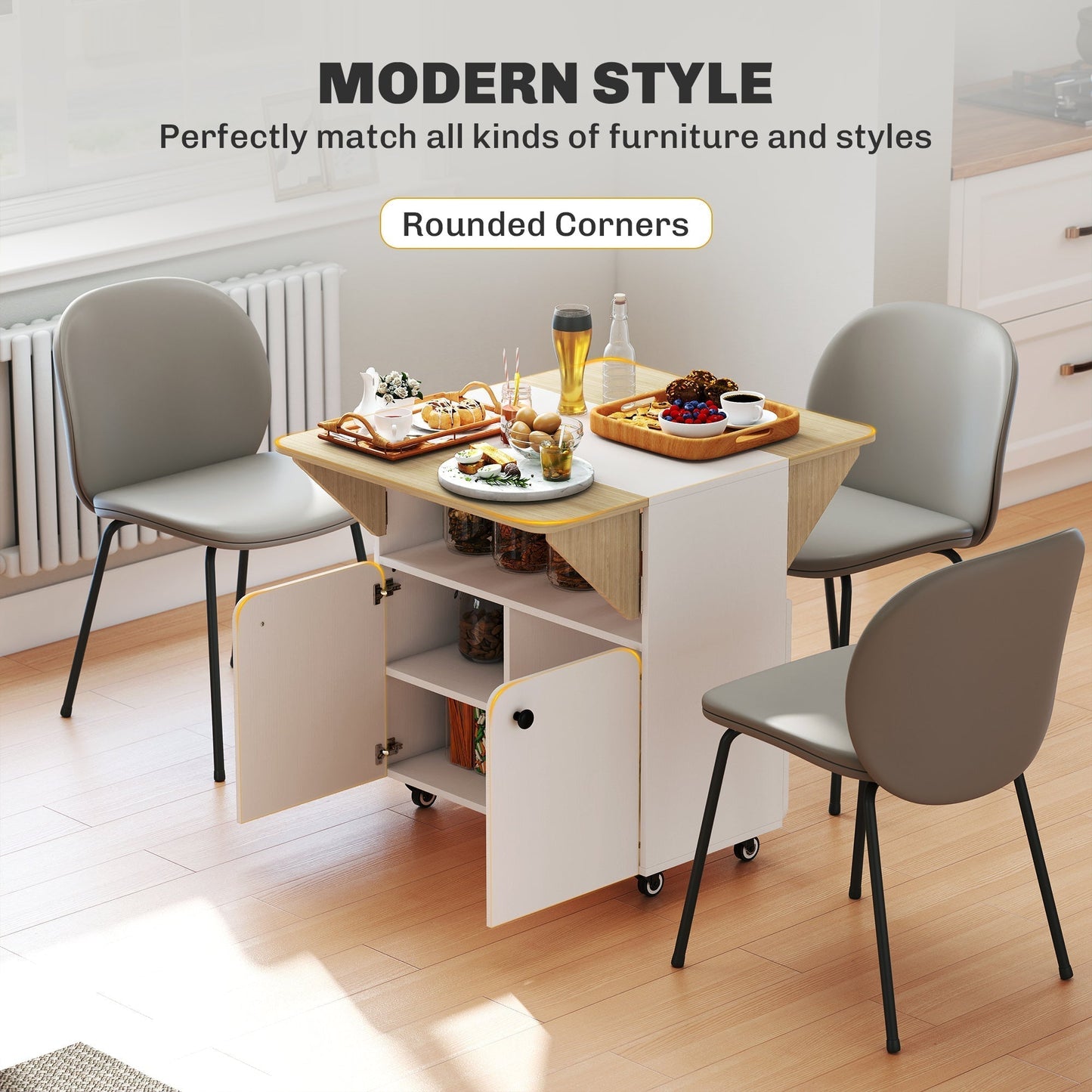 HOMCOM Folding Dining Table, Rolling Drop Leaf Table with Hidden Shelf & Cabinet for Dining Room, Small Spaces, White